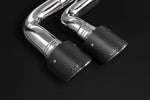 close side view of Capristo Valved Exhaust with Mid-Silencer Delete and Carbon Tips (CES3) for Porsche 536 Cayenne S 2.9 BiTurbo 2019+ with black background