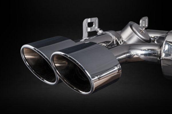 close side view of Capristo Valved Exhaust (CES3) for Jaguar F-Type V8S/R 2013-2024 with black background