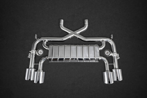 wide top view of Capristo Valved Exhaust (CES3) for Jaguar F-Type V8S/R 2013-2024 with black background