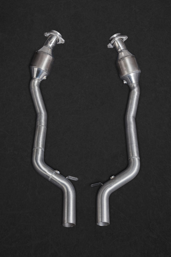 close top view of Capristo Valved Exhaust with Sports Cats 100 Cell and X Pipe (CES3) for Jaguar F-Type V8S 2014-2023 with black background