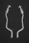close view of Capristo Valved Exhaust with Sports Cats 250 Cell and X Pipe (CES3) for Jaguar F-Type R V8  2014-2019 with grey background