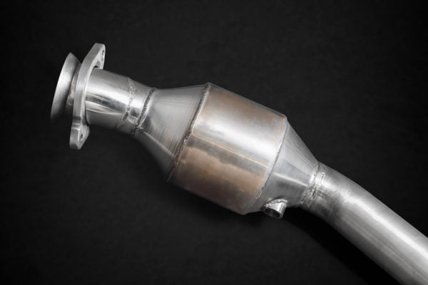 clsoe view of Capristo Valved Exhaust with Sports Cats 100 Cell and X Pipe (CES3) for Jaguar F-Type V8S 2014-2023 with black background