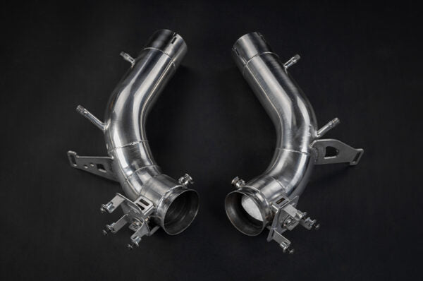 wide view of Capristo Valved OPF Replacement Tubes (for OE Actuators) for Ferrari 296 2021-2025 with black background