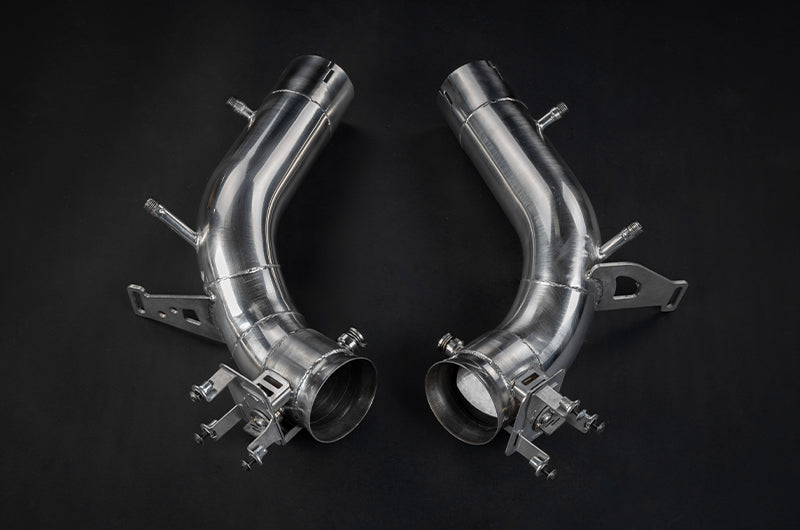 Pair of Capristo stainless downpipes with mounting brackets for Ferrari 296