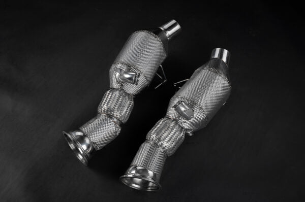 wide view of Capristo 250 Cell Sport Cat Downpipes for Ferrari 296 2021-2025 with black background