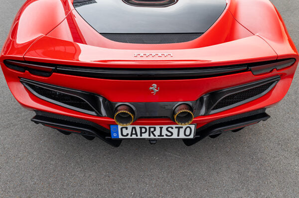 wide view of Capristo Twin Tailpipe Carbon Conversion (for OEM or Capristo Exhaust) for Ferrari 296 2021-2025 fiited inside a car