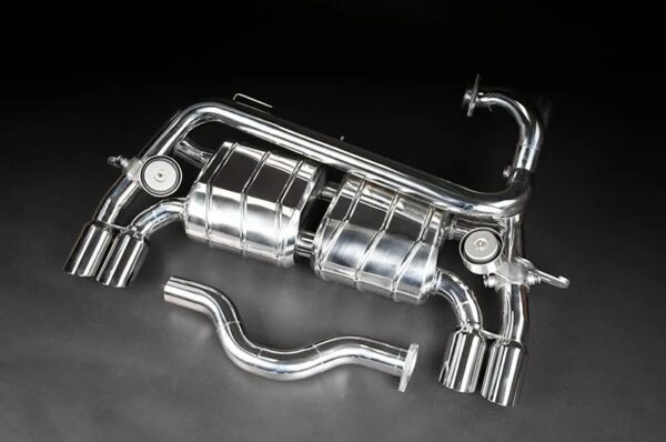 wide view of Capristo XPipe Valved Exhaust with High Flow Cats (CES3) for Ferrari 328 GTB/S (USA Catted) 1985-1989 with black background