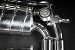 close view of Capristo XPipe Valved Exhaust With Cat Delete (CES3) for Ferrari 328 GTB/S (USA Catted) 1985-1989 with black background