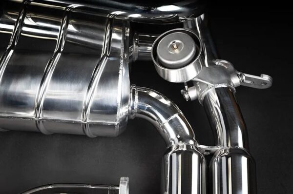 close view of Capristo XPipe Valved Exhaust with High Flow Cats (CES3) for Ferrari 328 GTB/S (USA Catted) 1985-1989 with black background
