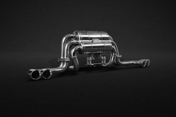 wide view of Capristo Valved Sound 1/3 Exhaust for Ferrari 360 1999-2004 with black background