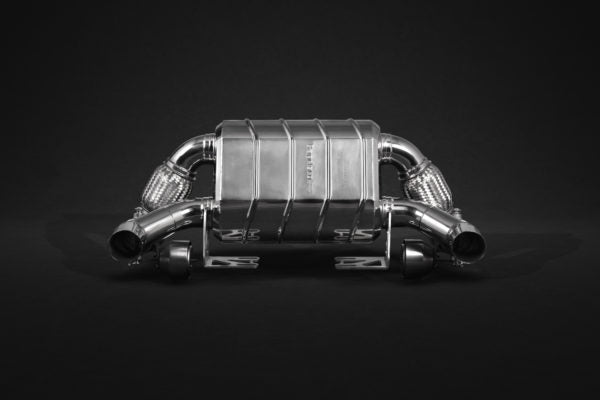 wide view of Capristo Valved Exhaust with Cat Spares for Ferrari 430 Scuderia / 16M 2007-2009 with black background