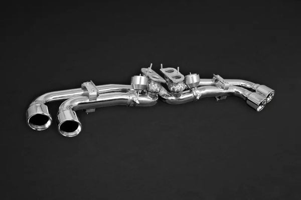 close view of Capristo Exhaust Tips for OEM Muffler/System for Ferrari F430 2004-2009 with grey backround
