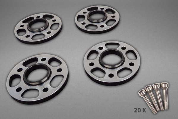 wide view of Capristo Wheel Spacers 11mm Front / 17mm Rear (Circle Shape) with Titanium Wheel Bolts for Ferrari 488/F8/SF90 2019-2023 with quantity on grey background