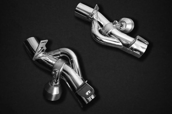 wide view of Capristo Valved Exhaust for Ferrari 488 Pista 2018-2020 with black background