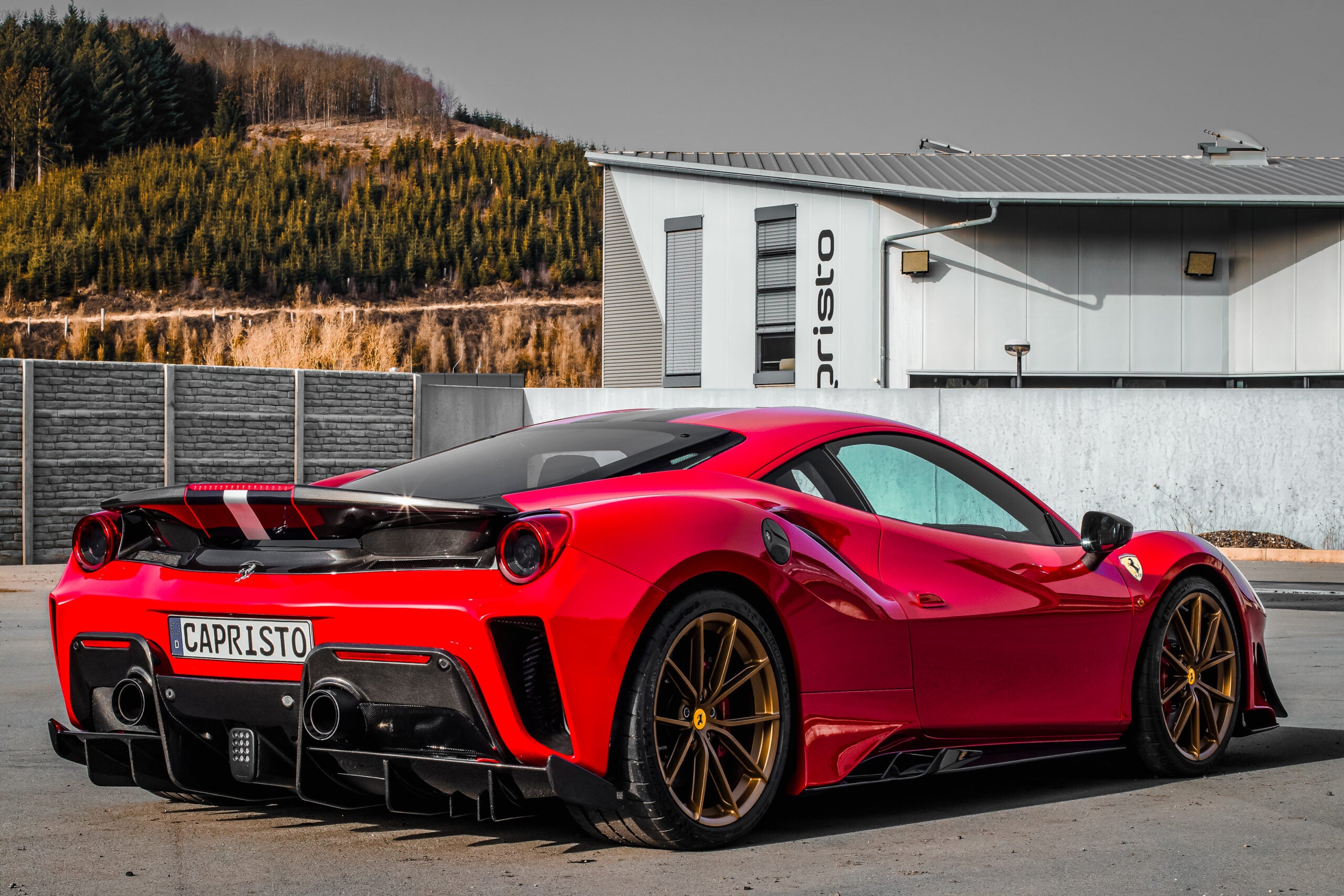 wide view of Capristo Carbon End Pipe Shells for Ferrari 488 Pista 2019-2021 fitted in a car