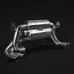 close view of Capristo Valved Exhaust (incl CES3) for Ferrari 512/Testarossa 1969-1991 with black background