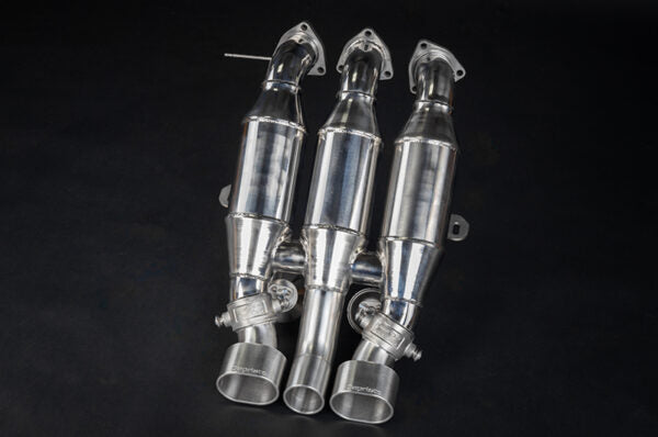 close view of Capristo ECE Valved Catback Exhaust (CES3) for Ferrari F40 1987-1993 with black background