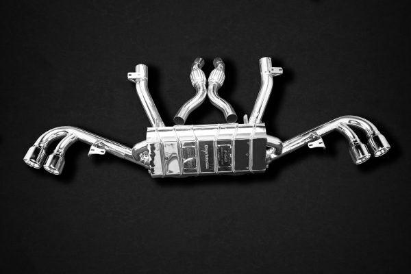 close vew ofCapristo Full Exhaust with Headers, Cat Delete, and X-Pipe Muffler (incl. Remote Kit) for Ferrari F50 1995-1997 with black background