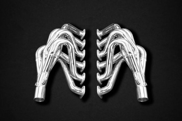 close vew ofCapristo Full Exhaust with Headers, Cat Delete, and X-Pipe Muffler (incl. Remote Kit) for Ferrari F50 1995-1997 with black background