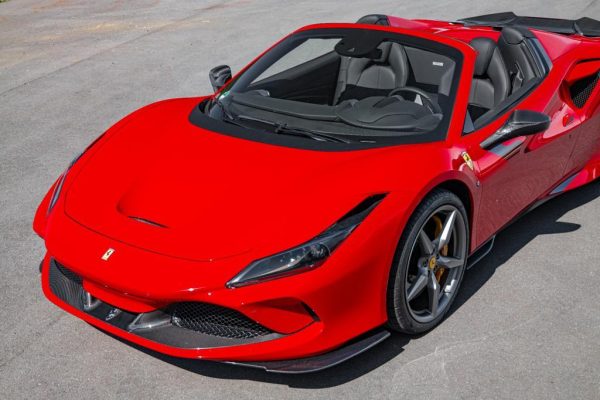 overview of Capristo Carbon Fiber Front Spoiler and Side air guides (Set) For Ferrari F8 2020-2022 fitted inside a car