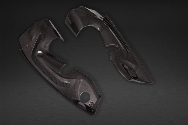 close view of Capristo Carbon Engine Compartment Side Covers (Matte) for Ferrari F8 Spider 2020-2022 with dark grey background