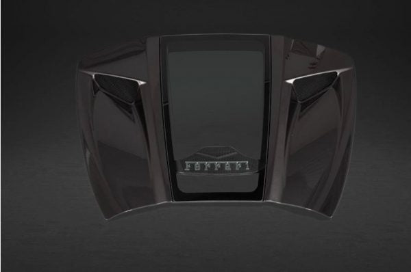 close view of Capistro Carbon and Glass Bonnet for Ferrari F8 Spider 2020-2023 with black background
