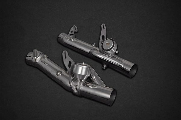 wide view of Capristo Valved Exhaust (with OPF Delete) for Ferrari F8 2019-2023 with grey background