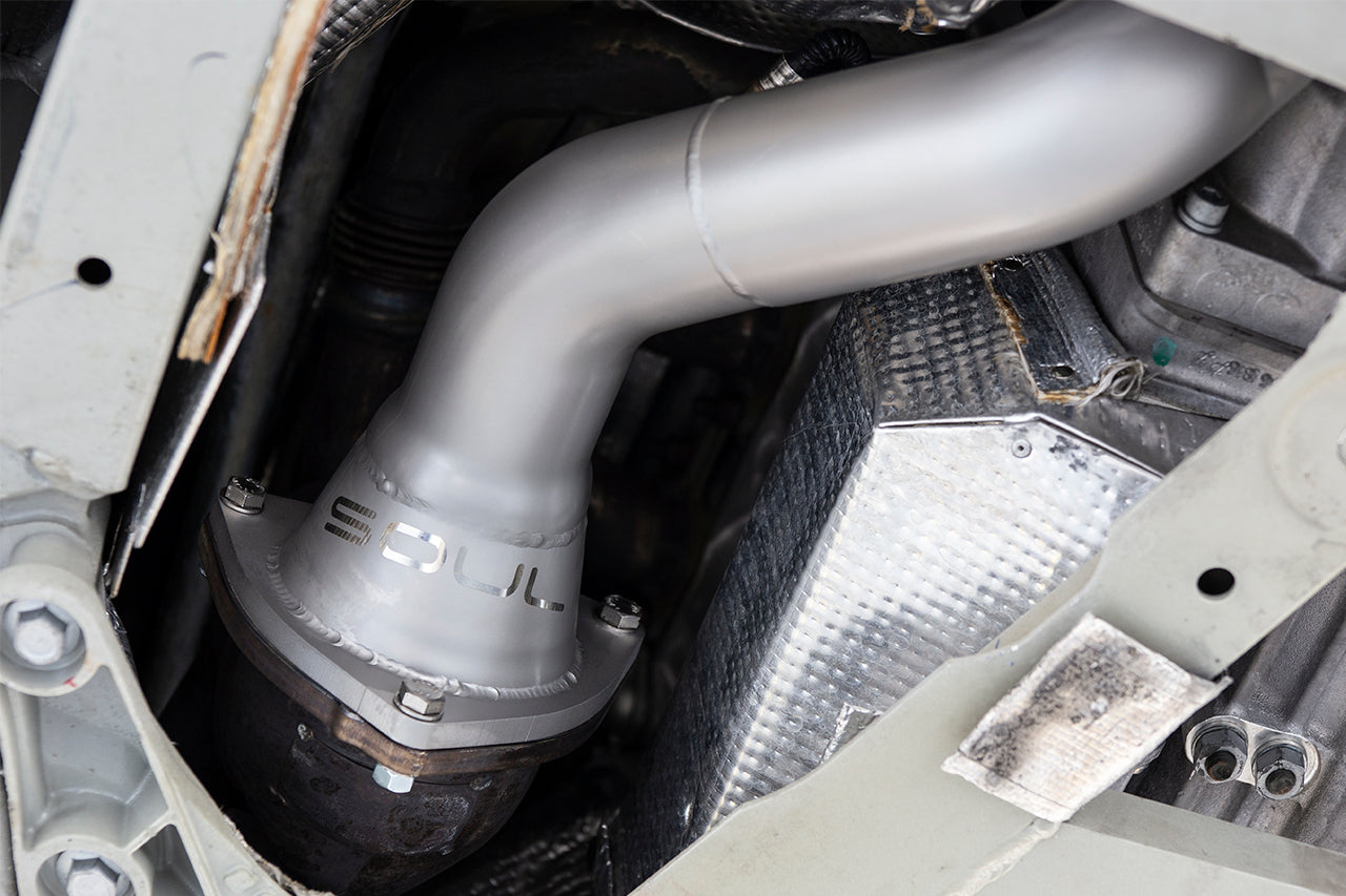 FF / GTC4Lusso V12 competition downpipes and x-chamber midpipe package: downpipe installed in