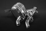 Capristo GTC4Lusso V12 polished valved muffler with outlet pipes, close-up of one side