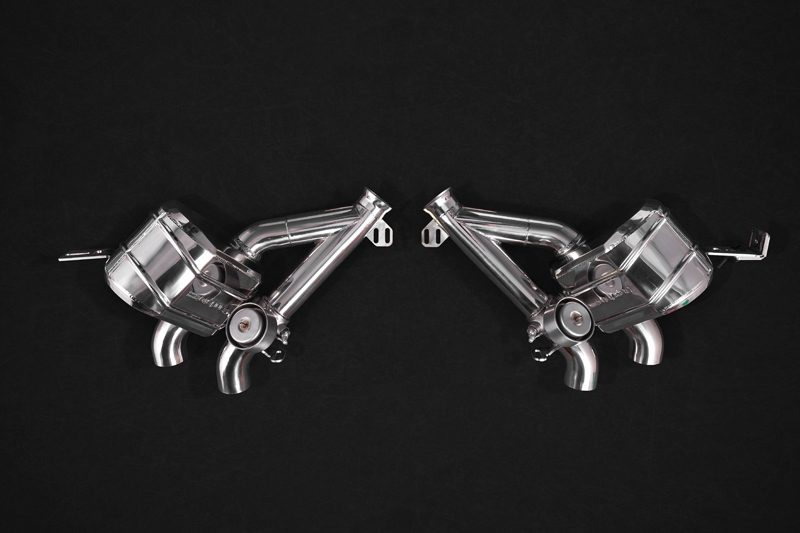 Capristo GTC4Lusso V12 valved exhaust, both polished mufflers with valve actuators, top view
