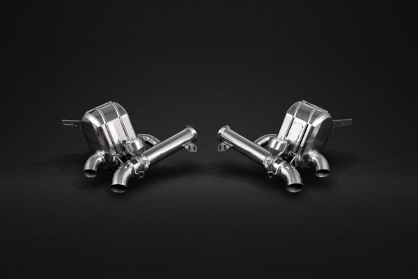 wide view of Capristo Valved Exhaust for Ferrari GTC4 Lusso T (V8) 2018-2020 with black background