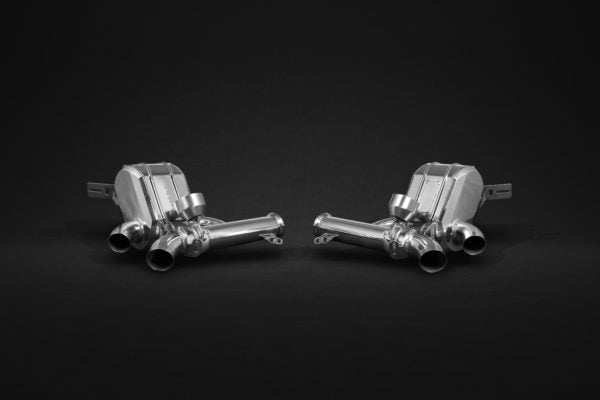 wide and close view of Capristo Valved Exhaust for Ferrari GTC4 Lusso T (V8) 2018-2020 with black background