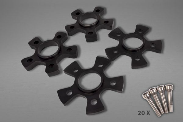 wide top view of Capristo Wheel Spacers 11mm Front / 17mm Rear (Star Shape) with Titanium Wheel Bolts for Ferrari Portofino 2017–2020 with grey background