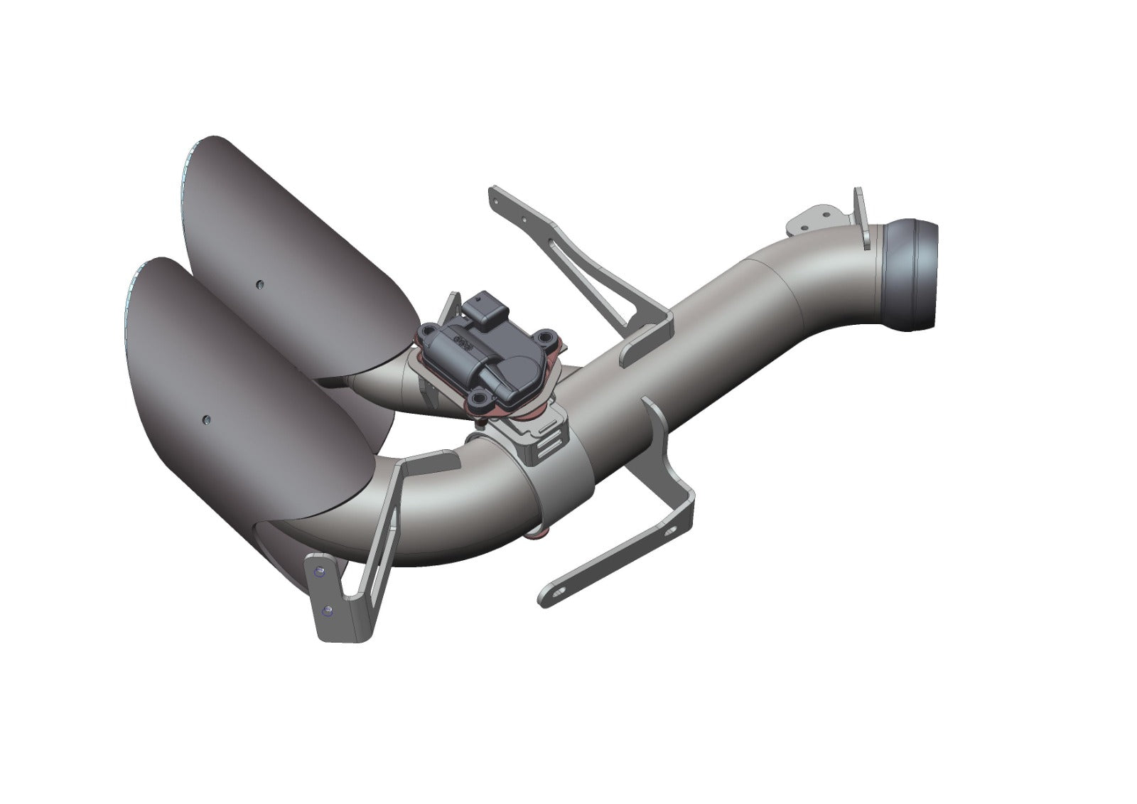 CAD render of Capristo valved end pipe with twin tips and OE actuator