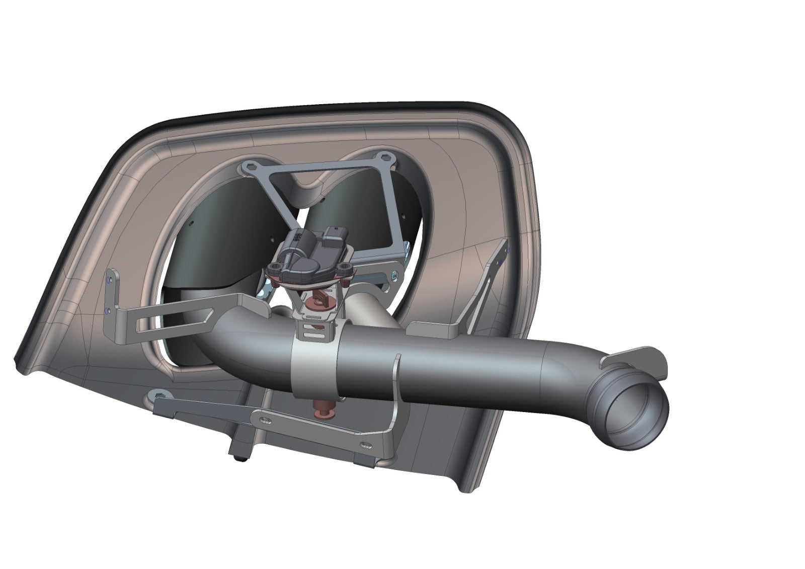 CAD render of the tip frame from behind showing the valve actuator and pipe