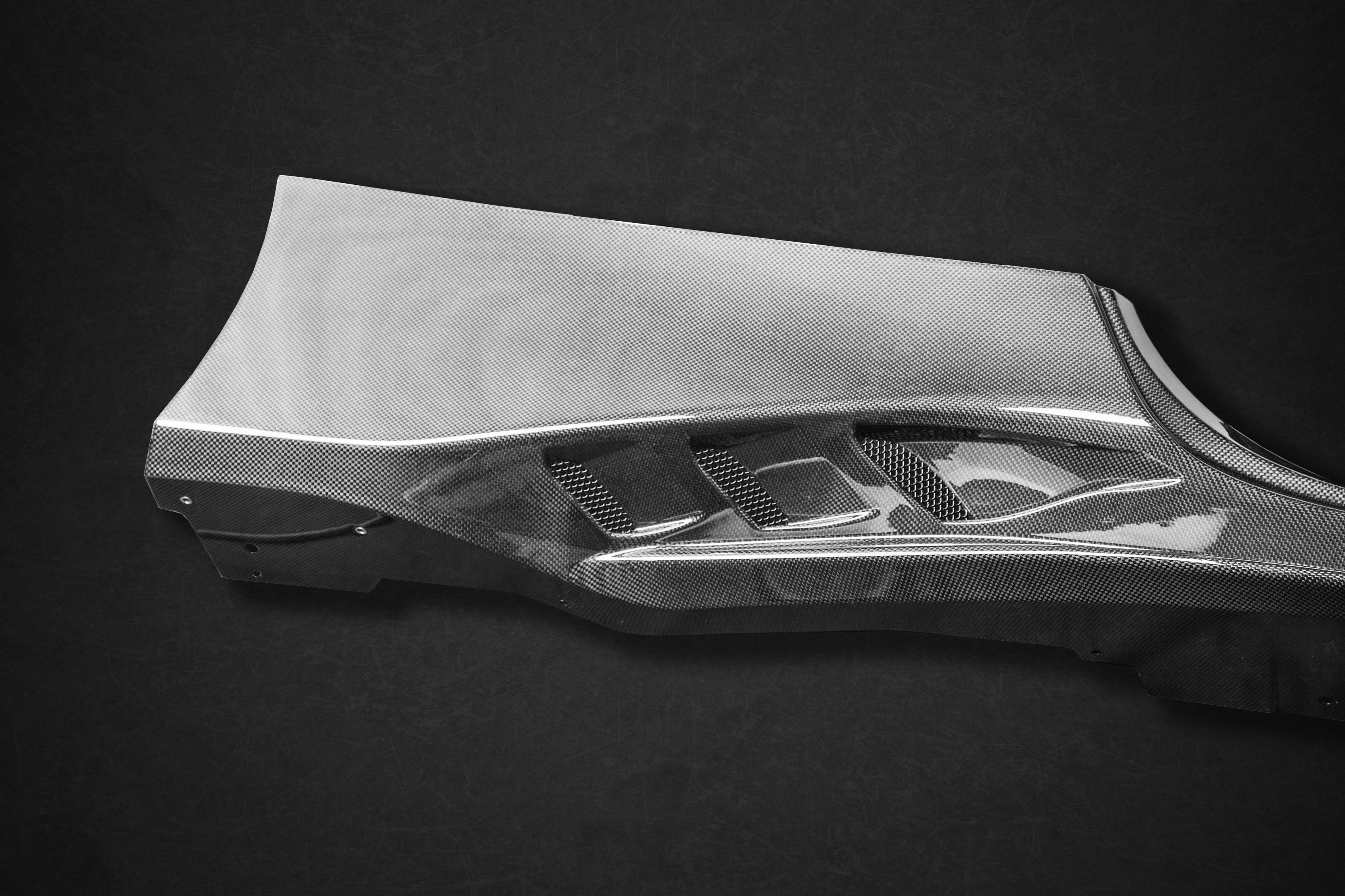 Capristo 488 side skirt vent and winglet detail, gloss carbon