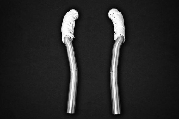 close view of Capristo Catless Downpipes (with Heat Blankets) for Ferrari 812 (OPF) 2021+ with black background