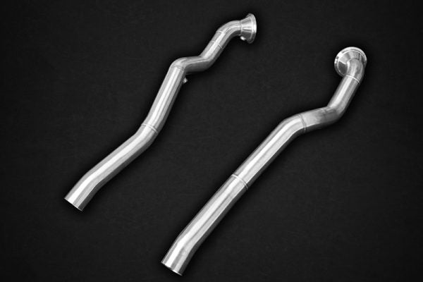 close view of Capristo Catless Downpipes (with Heat Blankets) for Ferrari 812 (OPF) 2021+ with black background
