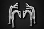 close view of Capristo Headers/Exhaust Manifolds with PreCat Connector Pipes (USA Spec) for Ferrari 512/Testarossa 1969-1991 with black background