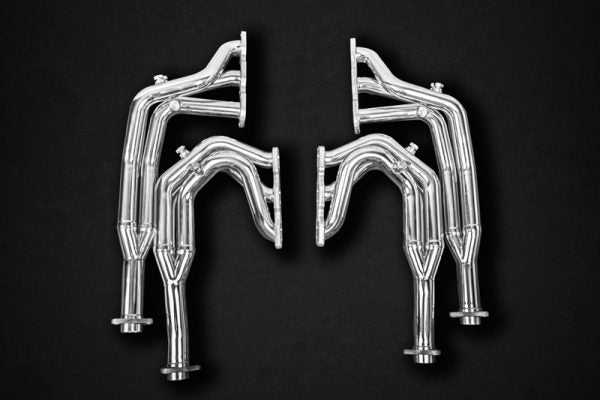 close view of Capristo Headers/Exhaust Manifolds with PreCat Connector Pipes (USA Spec) for Ferrari 512/Testarossa 1969-1991 with black background