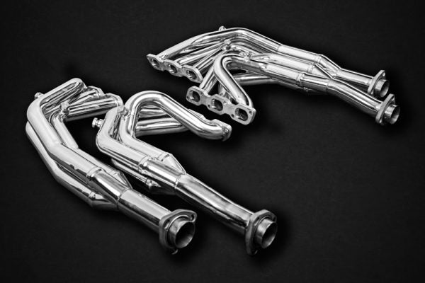 close view of Capristo Headers/Exhaust Manifolds with PreCat Connector Pipes (USA Spec) for Ferrari 512/Testarossa 1969-1991 with black background
