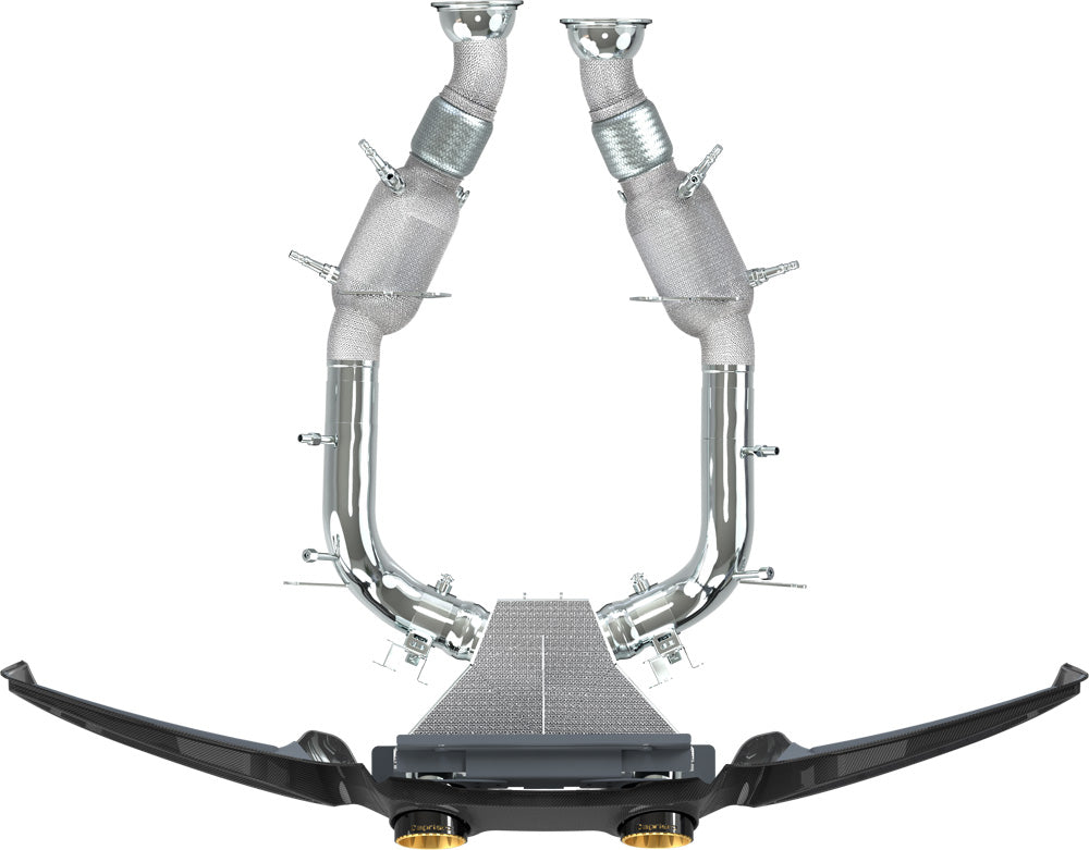 Front render of Capristo Ferrari 296 complete exhaust with downpipes and carbon frame