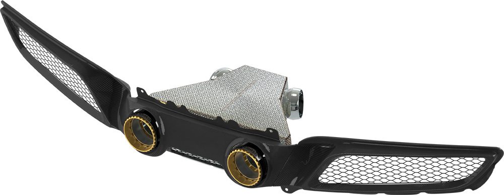 Render of Capristo 296 carbon tailpipe conversion with gold tips