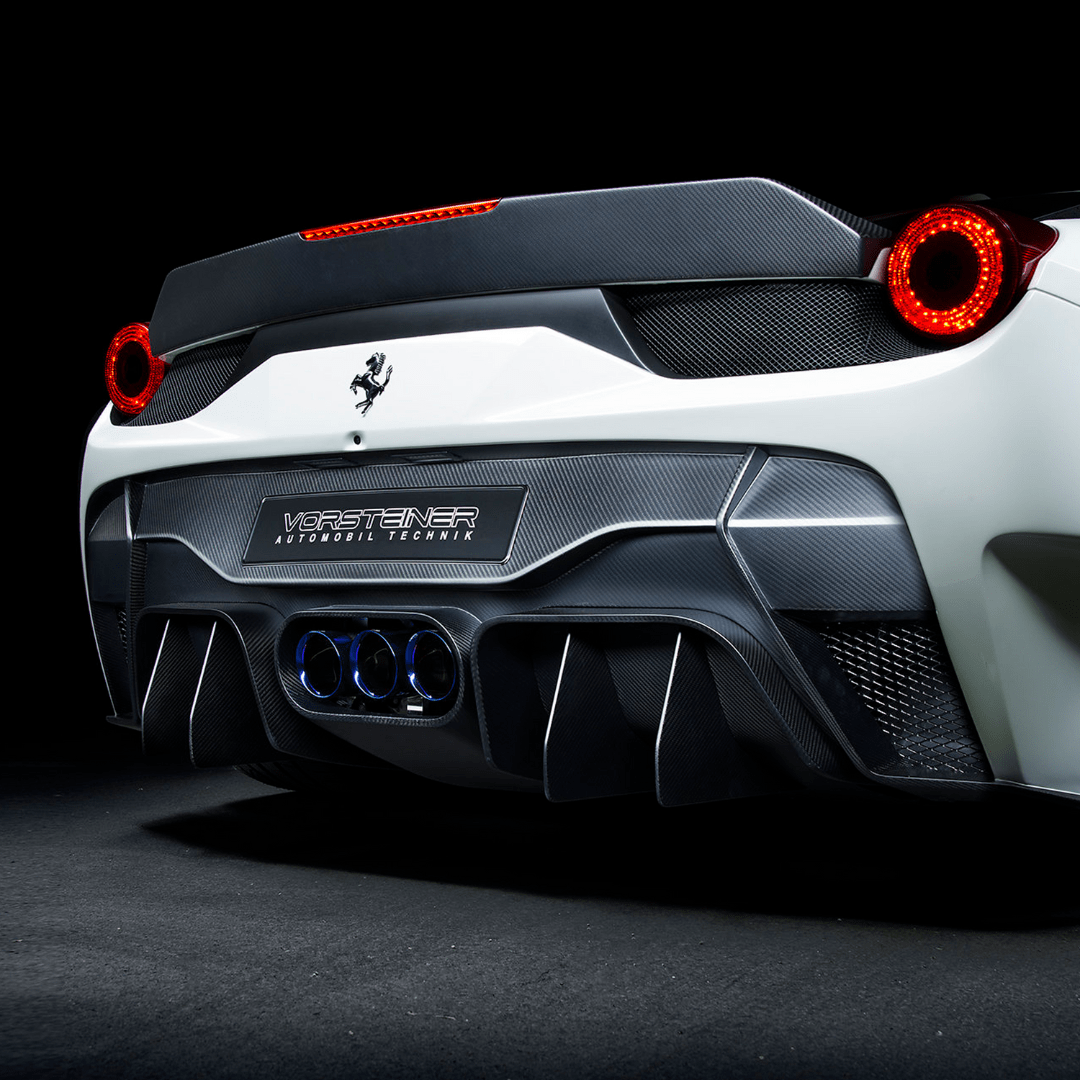 VX decklid spoiler on white 458, dark rear 3/4 view