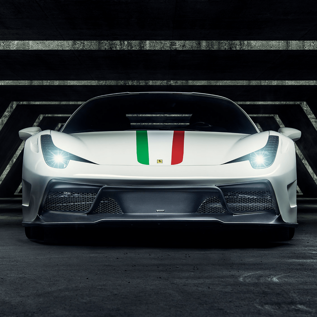 White 458 with VX front bumper, dark tunnel head-on view