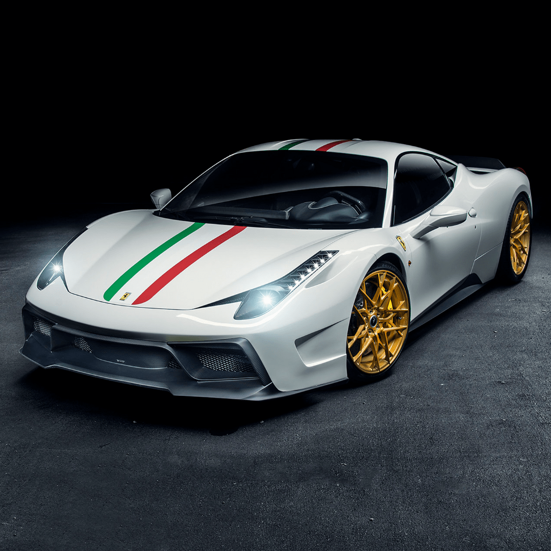 White 458 Italia with VX bumper and stripe, dark 3/4 view