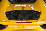 Capristo carbon and glass engine bonnet on a yellow Ferrari 488 Spider, rear view