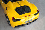 Yellow Ferrari 488 from above fitted with Capristo carbon fiber rear diffuser