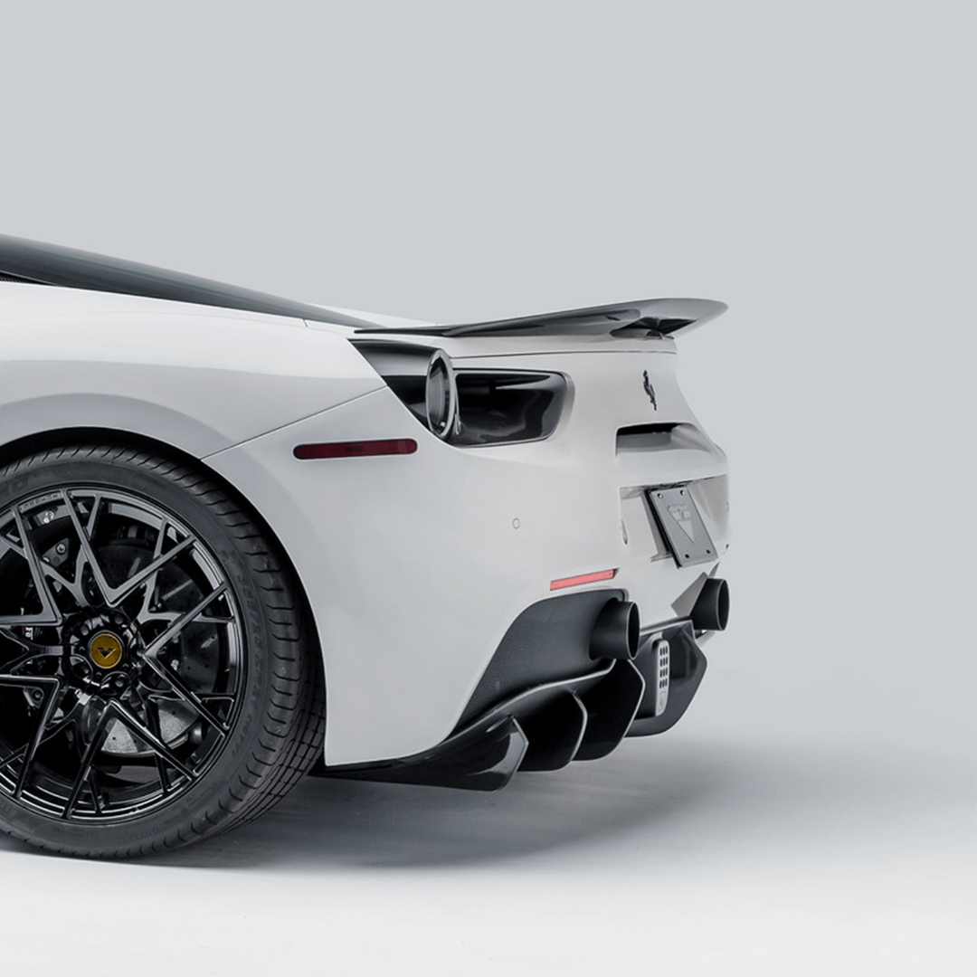 White 488 rear with Diavolo spoiler, rear 3/4 view