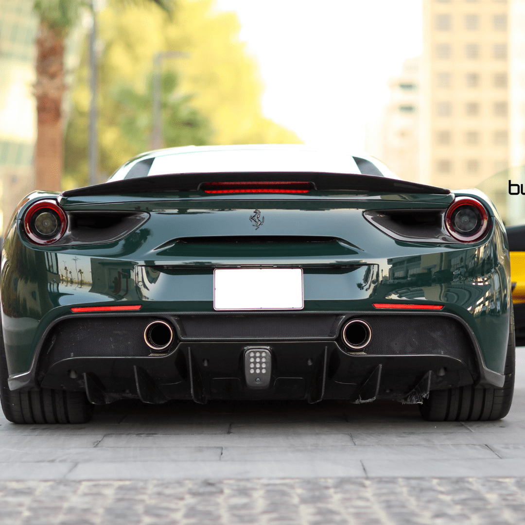 Green 488 with Diavolo decklid spoiler, outdoor rear view